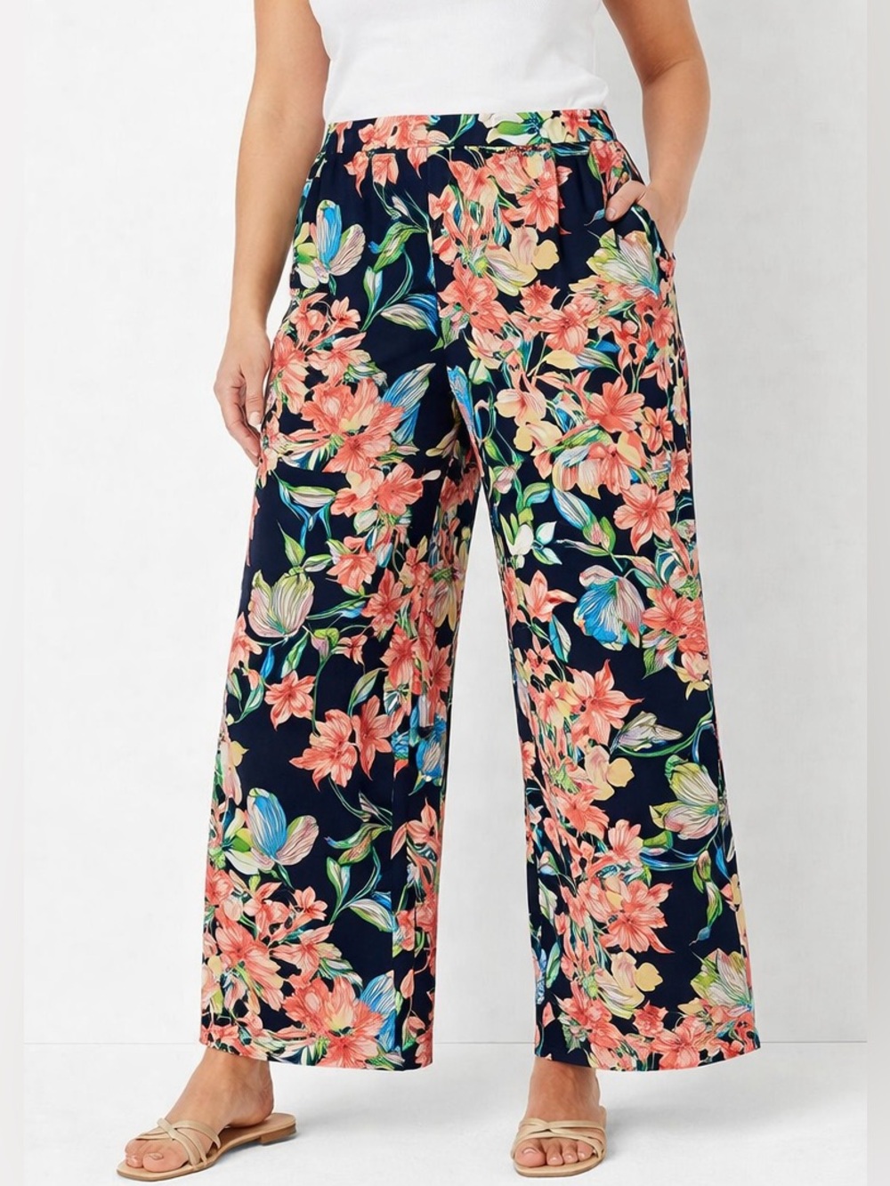 Chico’s Tropical Resort Pants Wide Leg Navy Blue Coral Floral • Size 18 Tall